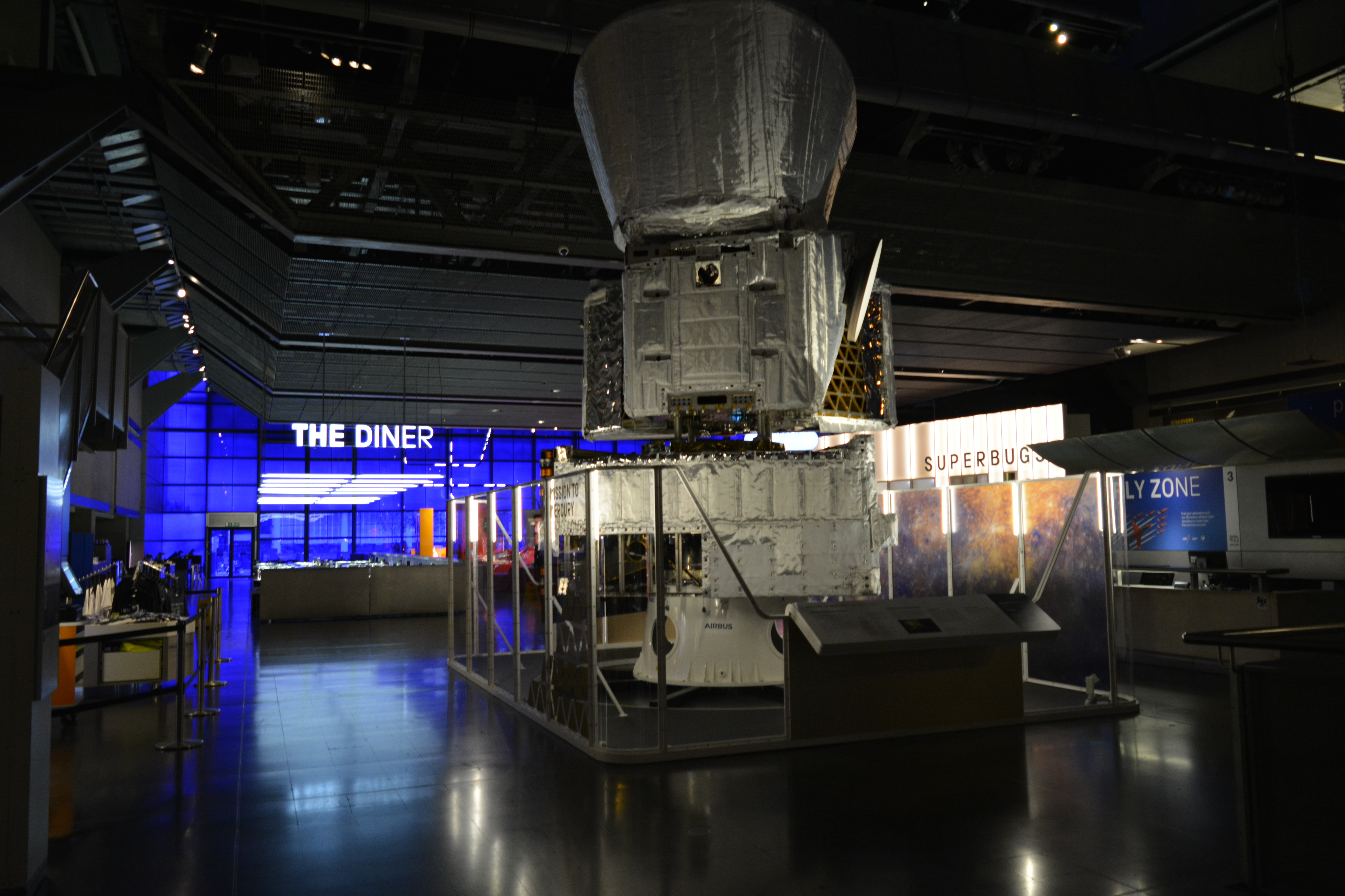 The Diner cafe, BepiColombo prototype and Superbugs exhibition on display in the Tomorrow's World gallery.