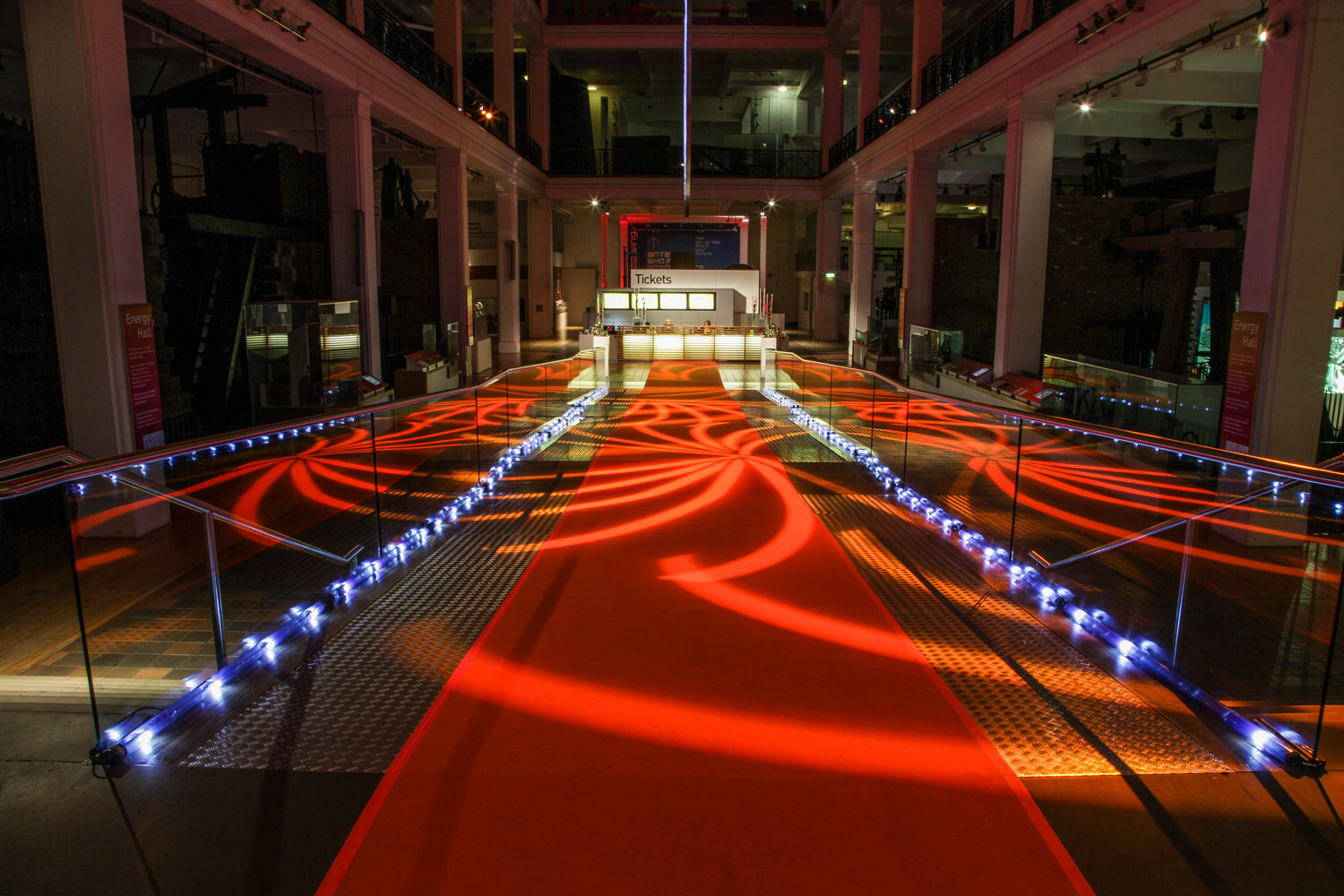 A red carpet entrance in the Energy Hall for an evening event