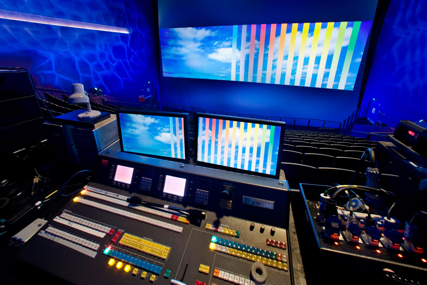 View of the light and sound mixing desk at the top of the IMAX theatre