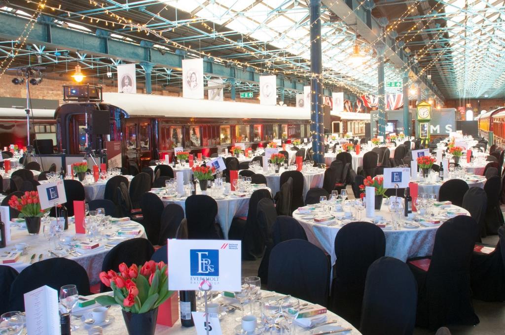 An evening dinner set-up in Station Hall at the National Railway Museum